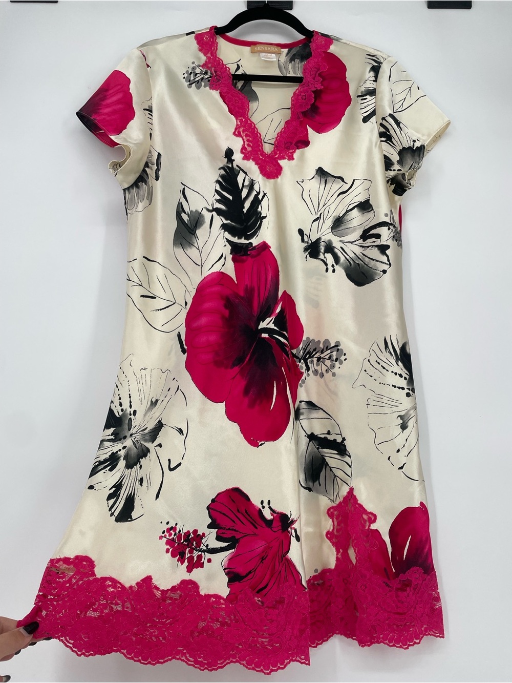 Sensara Silk-Feel Floral Chemise with Hot Pink Lace Trim